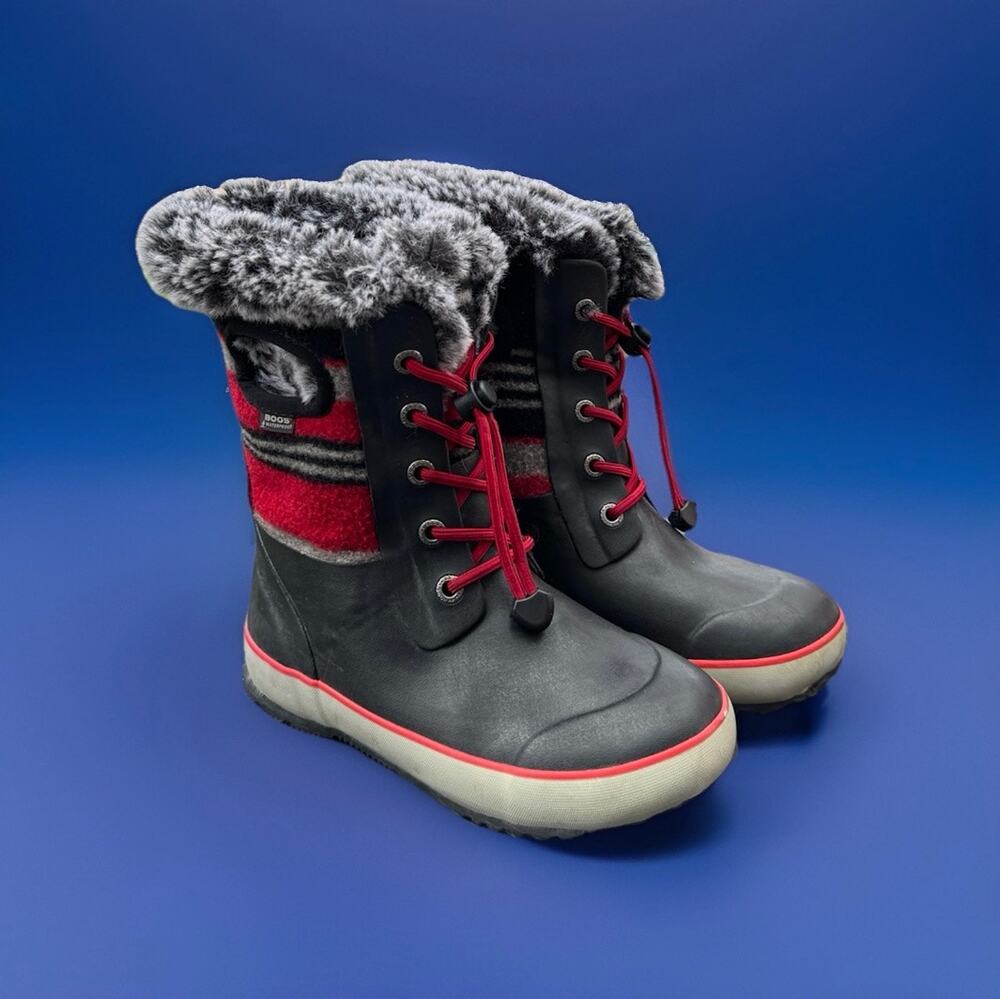 Bogs Kids Waterproof Winter Snow Boots Plaid Faux Fur Size 13